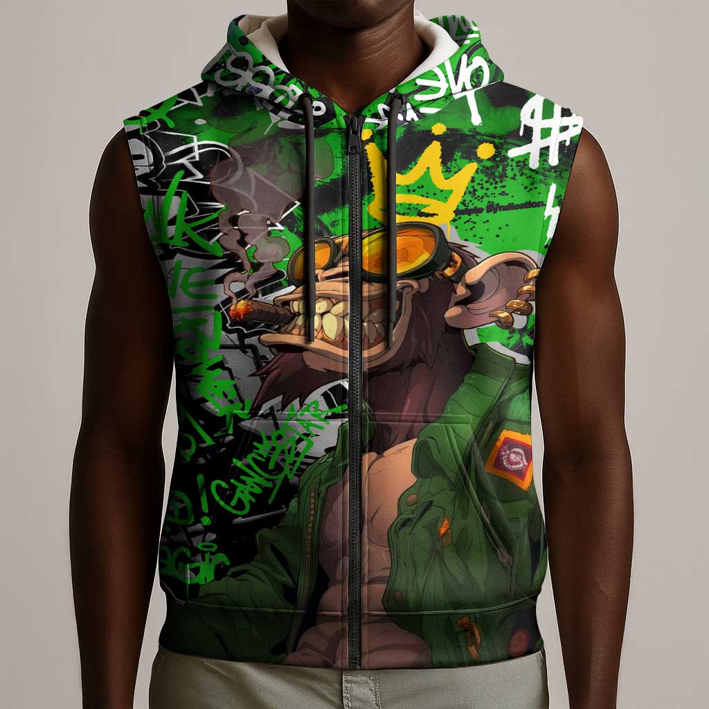 Graffiti Street Art Sleeveless Zip Hoodie Smoking Ape Character and Neon Crown Symbols - African Pride