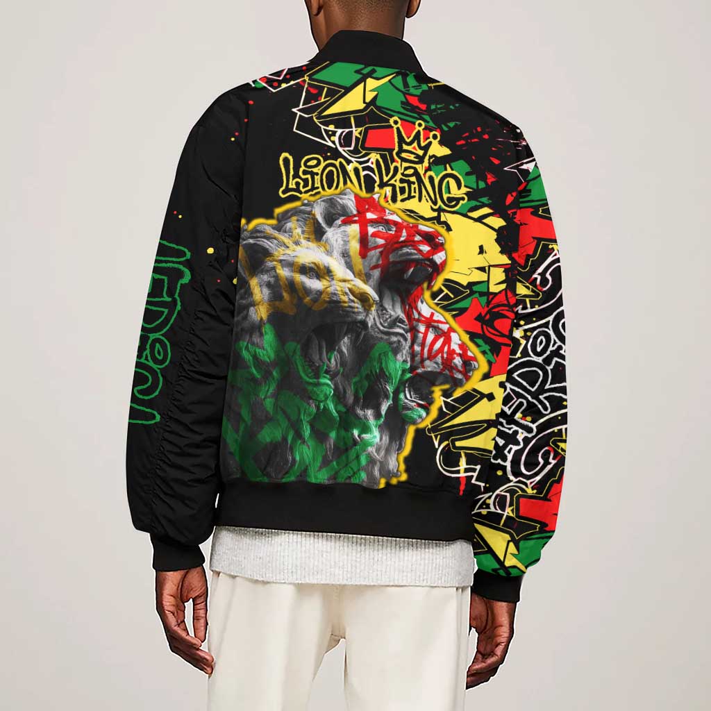 Lion King Africa Graffiti Sleeve Zip Bomber Jacket Bold Text and Neon Colors - African Pride