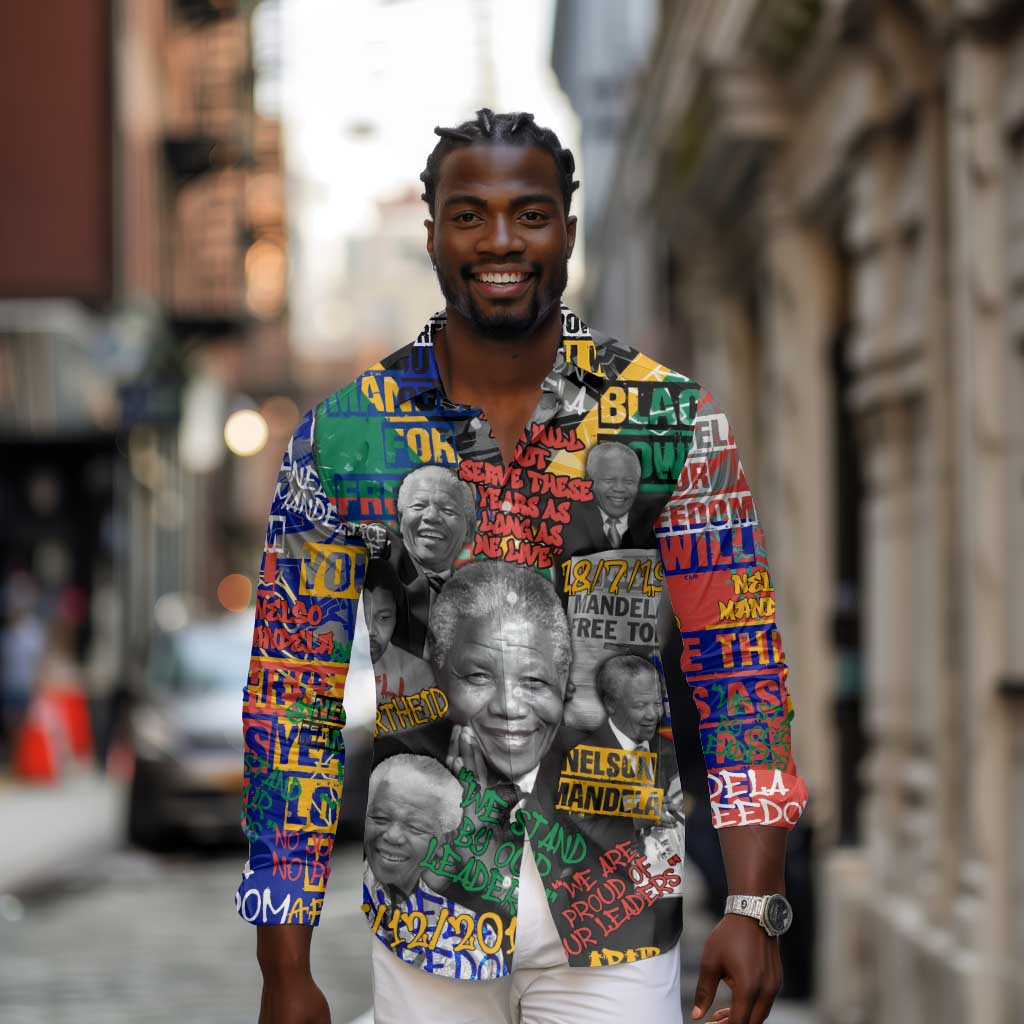 Nelson Mandela Graffiti Long Sleeve Button Shirt Street Spray Art Recreating The Life Of A Great Man - African Pride