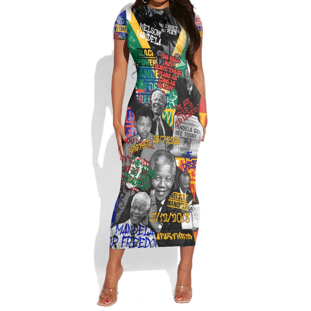 Nelson Mandela Graffiti Short Sleeve Bodycon Dress Street Spray Art Recreating The Life Of A Great Man - African Pride