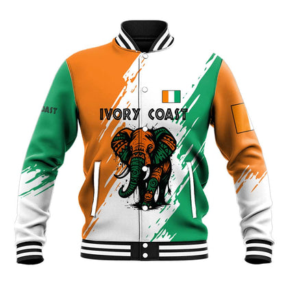 Ivory Coast Baseball Jacket African Elephant in Ivorian Flag Colors - African Pride