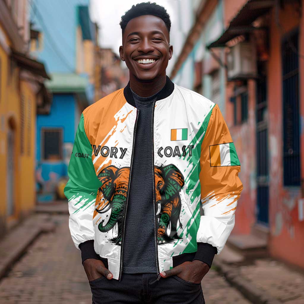 Ivory Coast Bomber Jacket African Elephant in Ivorian Flag Colors - African Pride