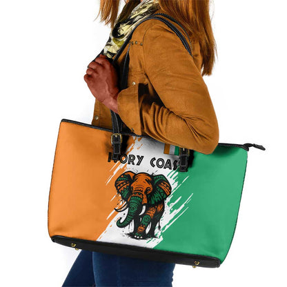 Ivory Coast Leather Tote Bag African Elephant in Ivorian Flag Colors - African Pride