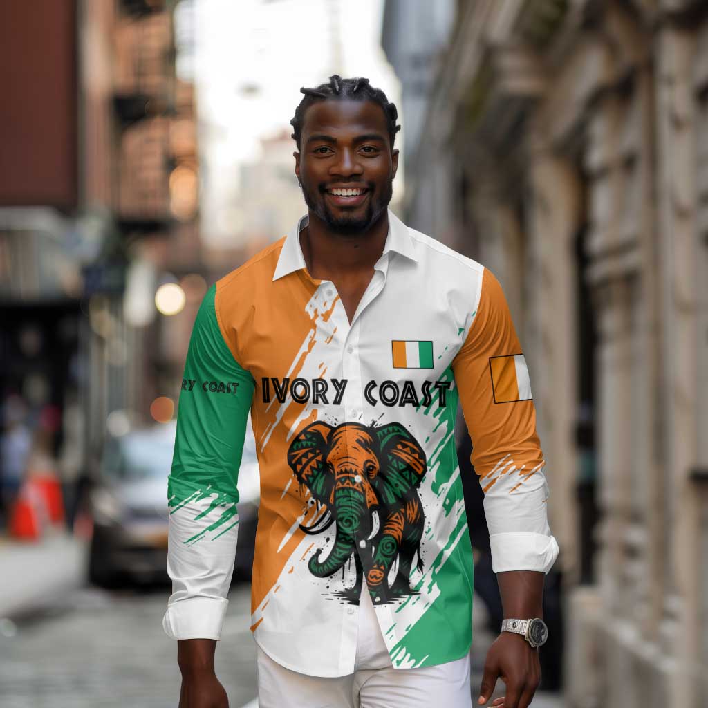 Ivory Coast Long Sleeve Button Shirt African Elephant in Ivorian Flag Colors - African Pride