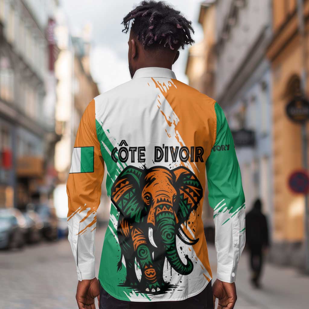 Ivory Coast Long Sleeve Button Shirt African Elephant in Ivorian Flag Colors - African Pride