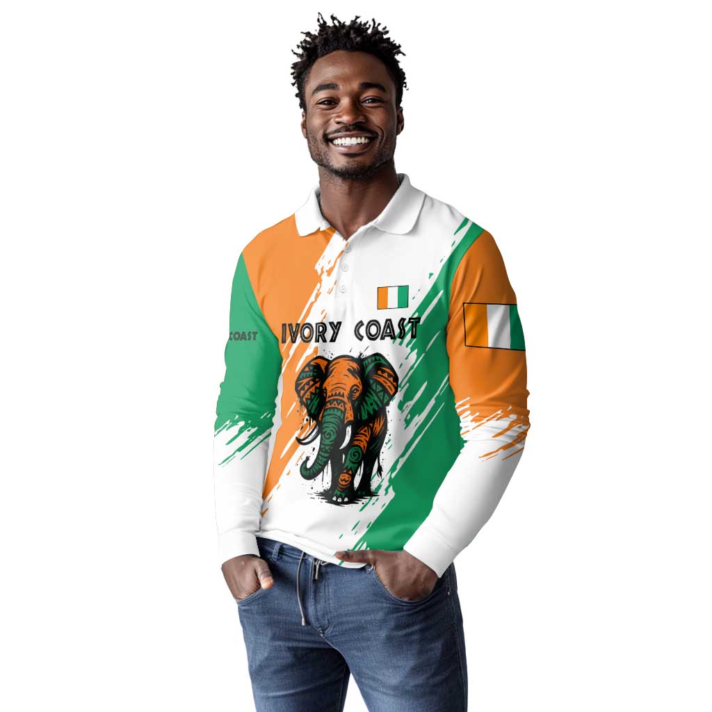 Ivory Coast Long Sleeve Polo Shirt African Elephant in Ivorian Flag Colors - African Pride