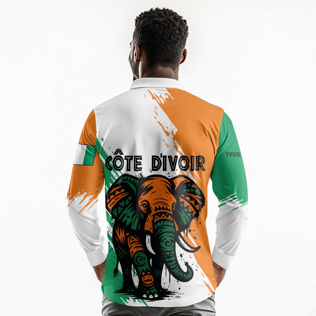 Ivory Coast Long Sleeve Polo Shirt African Elephant in Ivorian Flag Colors - African Pride