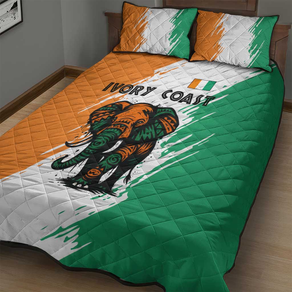 Ivory Coast Quilt Bed Set African Elephant in Ivorian Flag Colors - African Pride