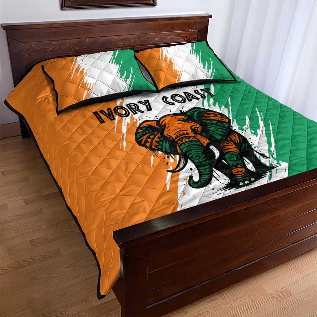Ivory Coast Quilt Bed Set African Elephant in Ivorian Flag Colors - African Pride