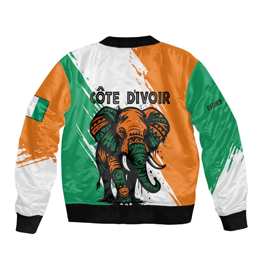 Ivory Coast Sleeve Zip Bomber Jacket African Elephant in Ivorian Flag Colors - African Pride