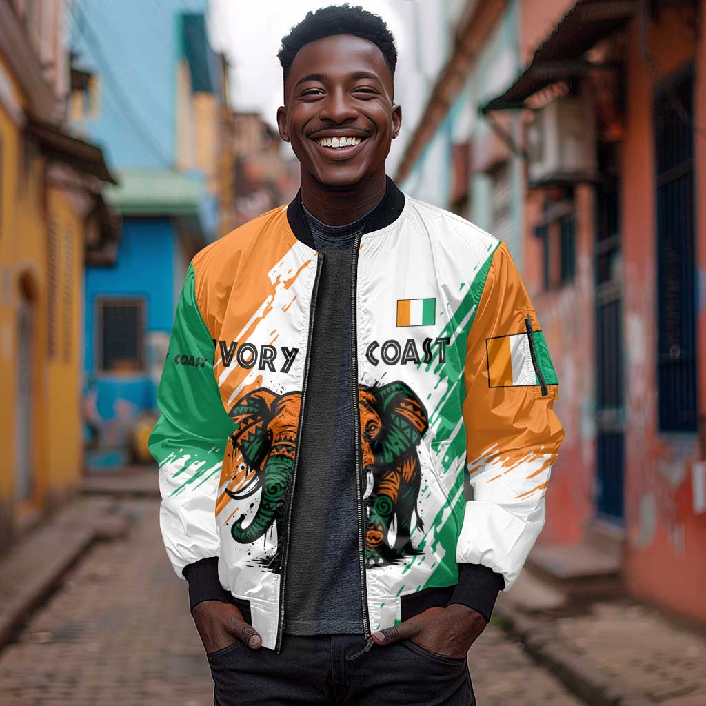 Ivory Coast Sleeve Zip Bomber Jacket African Elephant in Ivorian Flag Colors - African Pride
