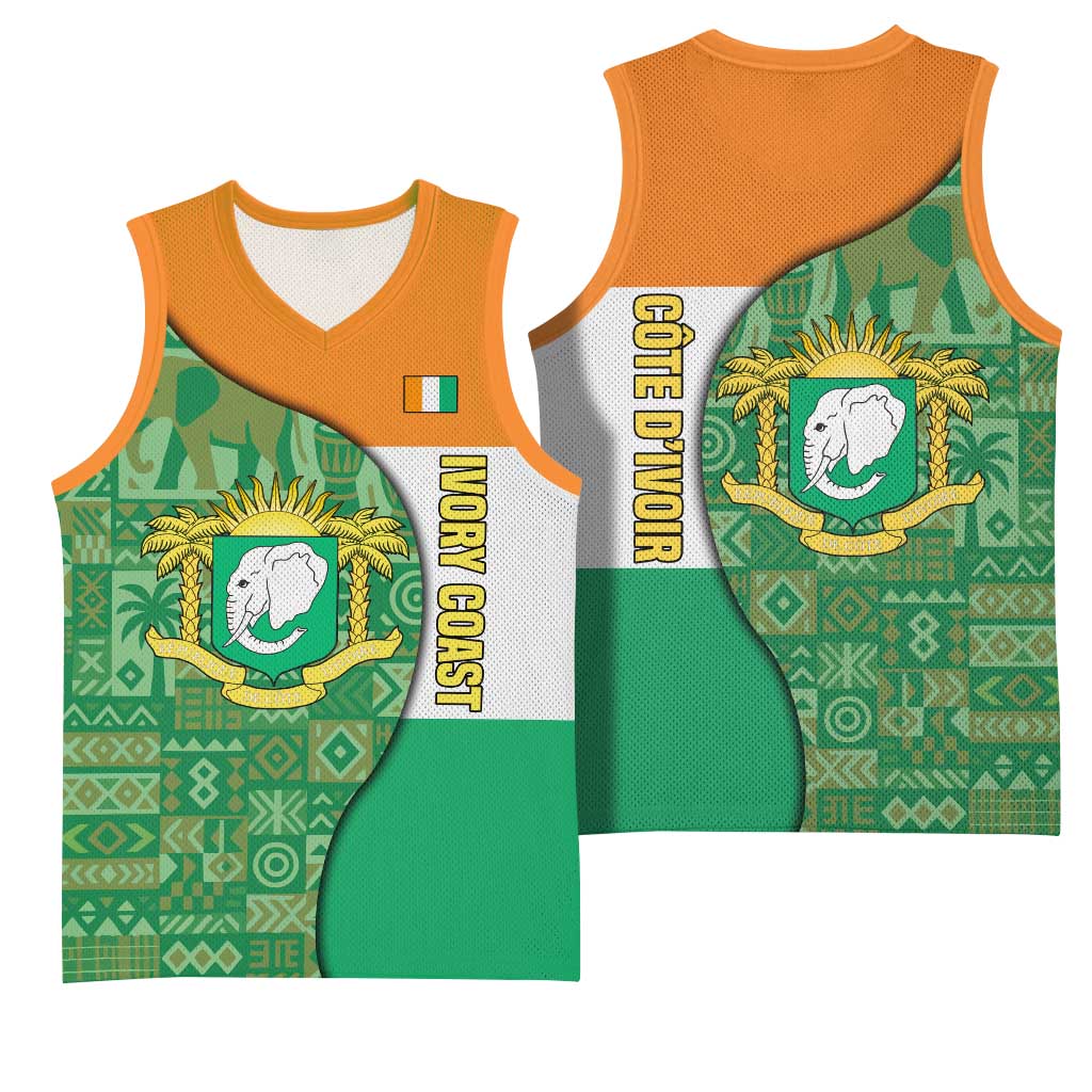 Ivory Coast Basketball Jersey Elephant Crest and Tribal Pattern TS04