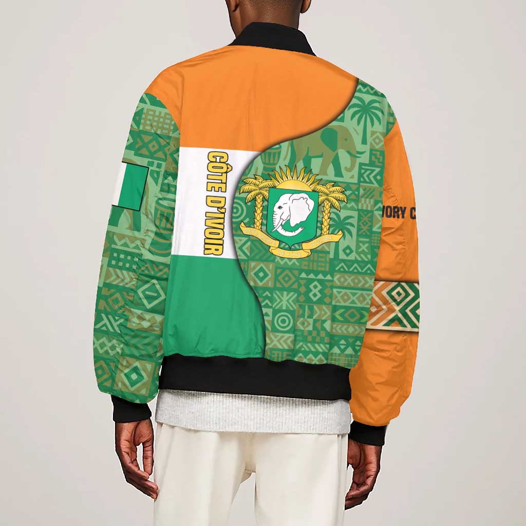 Ivory Coast Bomber Jacket Elephant Crest and Tribal Pattern - African Pride
