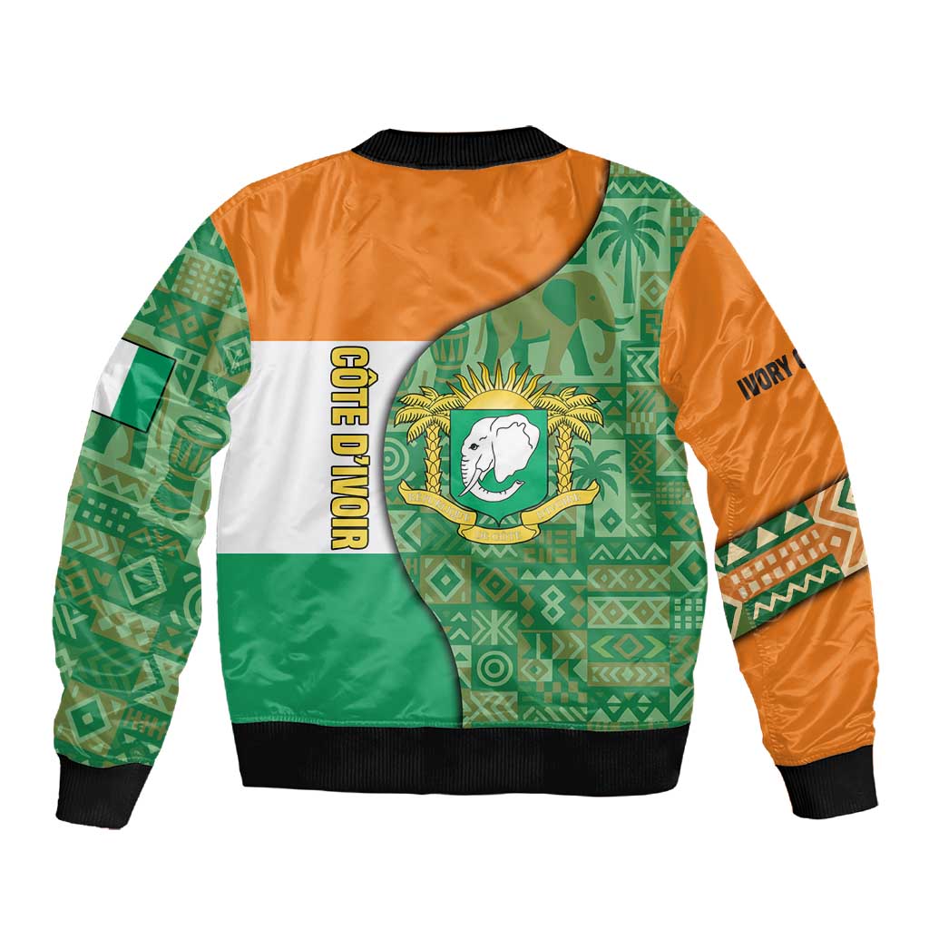 Ivory Coast Sleeve Zip Bomber Jacket Elephant Crest and Tribal Pattern - African Pride