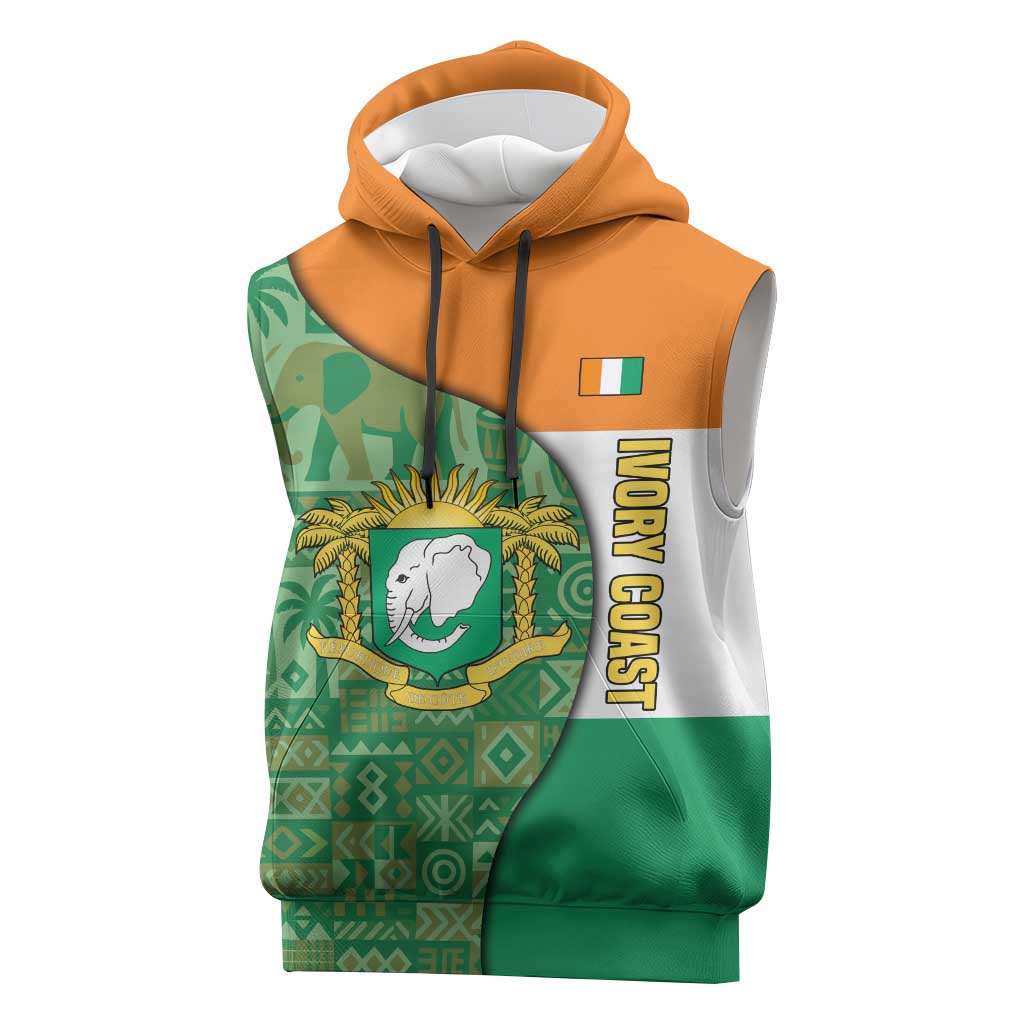 Ivory Coast Sleeveless Hoodie Elephant Crest and Tribal Pattern - African Pride