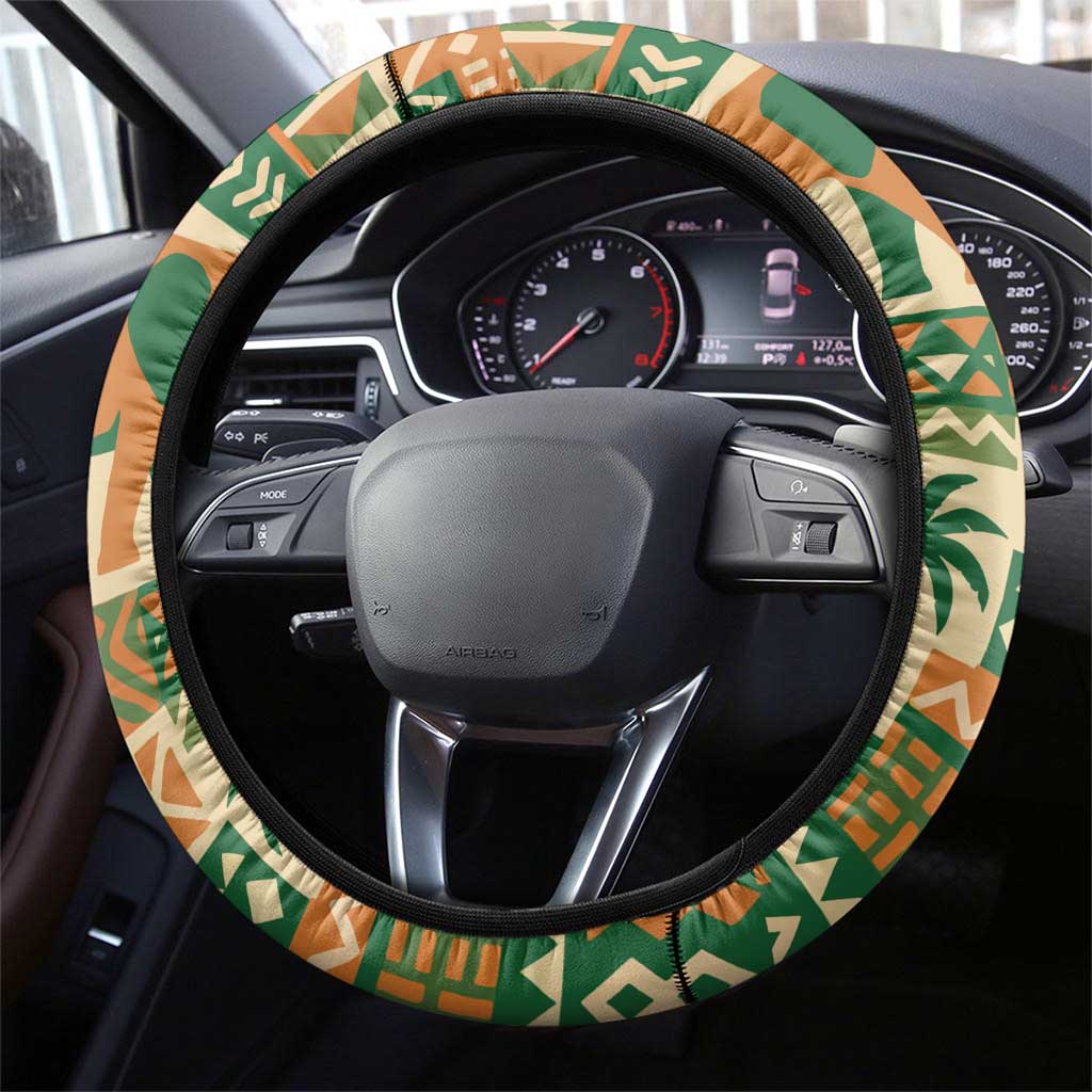 Ivory Coast Steering Wheel Cover Elephant Crest and Tribal Pattern - African Pride