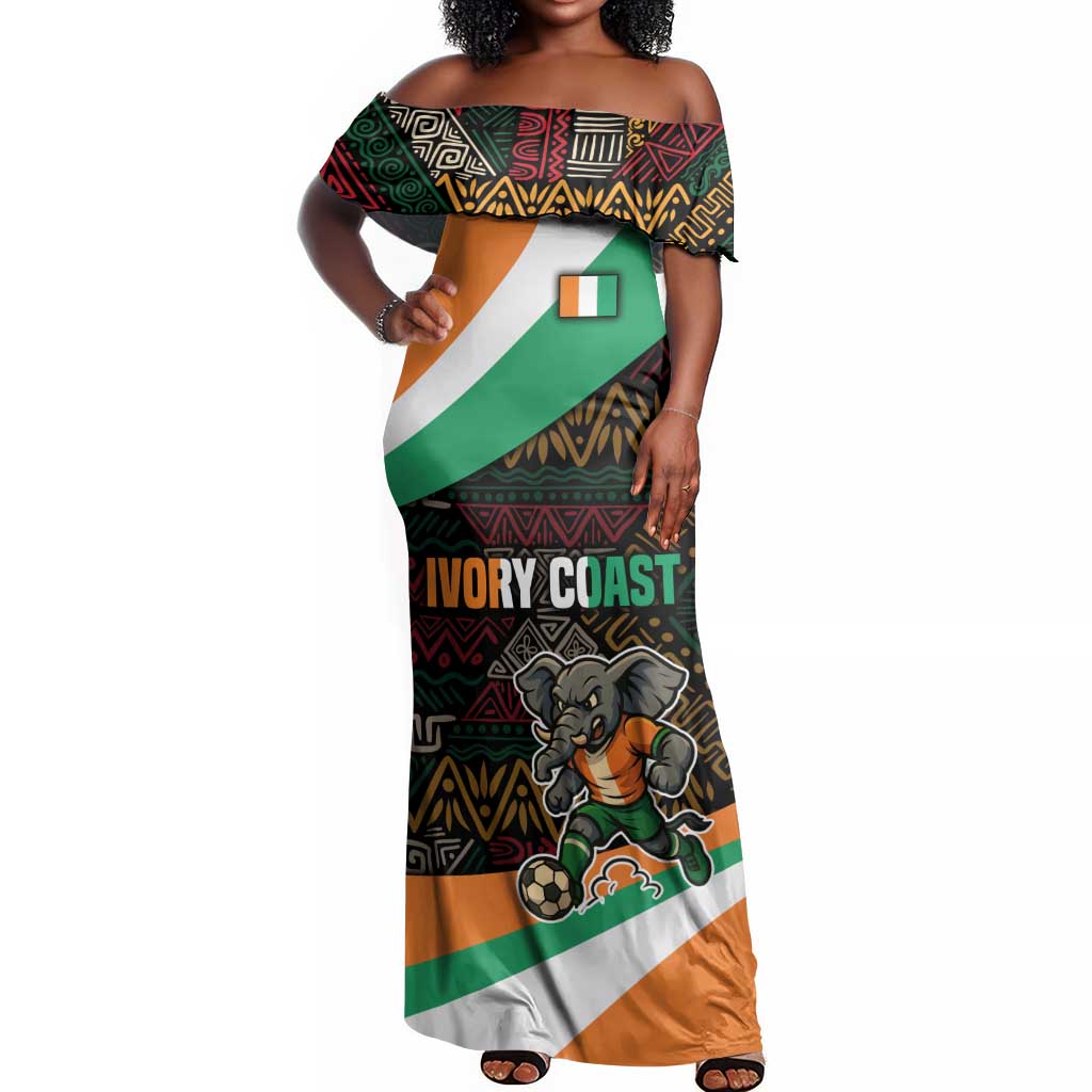 Ivory Coast Elephants Football Off Shoulder Maxi Dress Soccer with Tribal Pattern - African Pride