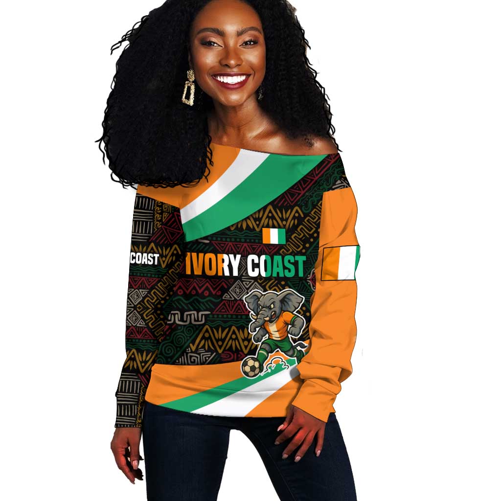 Ivory Coast Elephants Football Off Shoulder Sweater Soccer with Tribal Pattern - African Pride