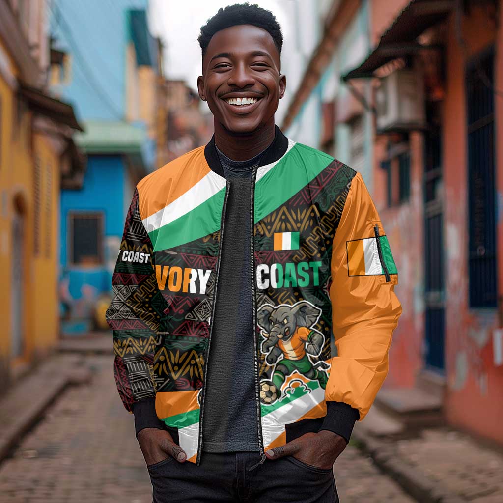 Ivory Coast Elephants Football Sleeve Zip Bomber Jacket Soccer with Tribal Pattern - African Pride