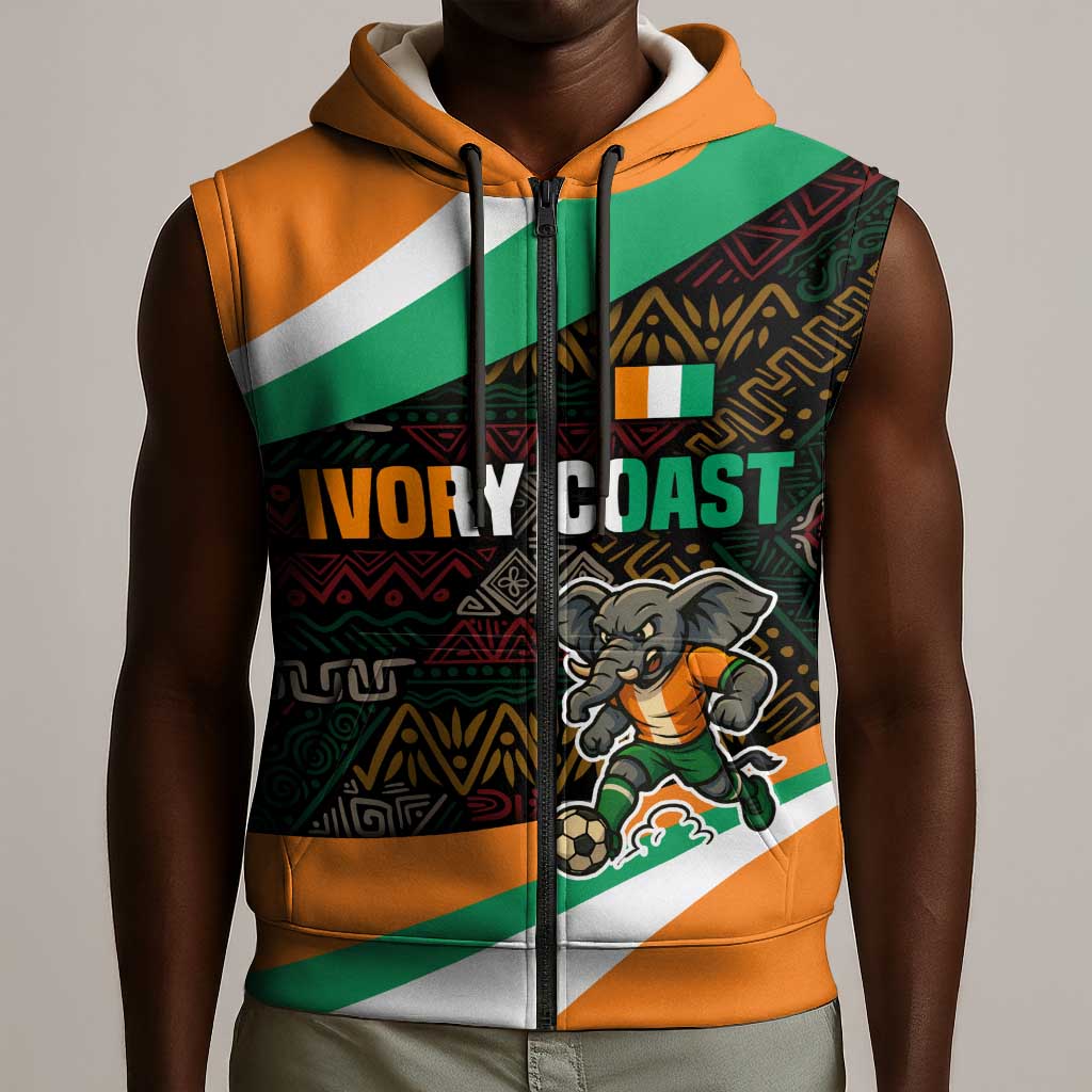 Ivory Coast Elephants Football Sleeveless Zip Hoodie Soccer with Tribal Pattern - African Pride
