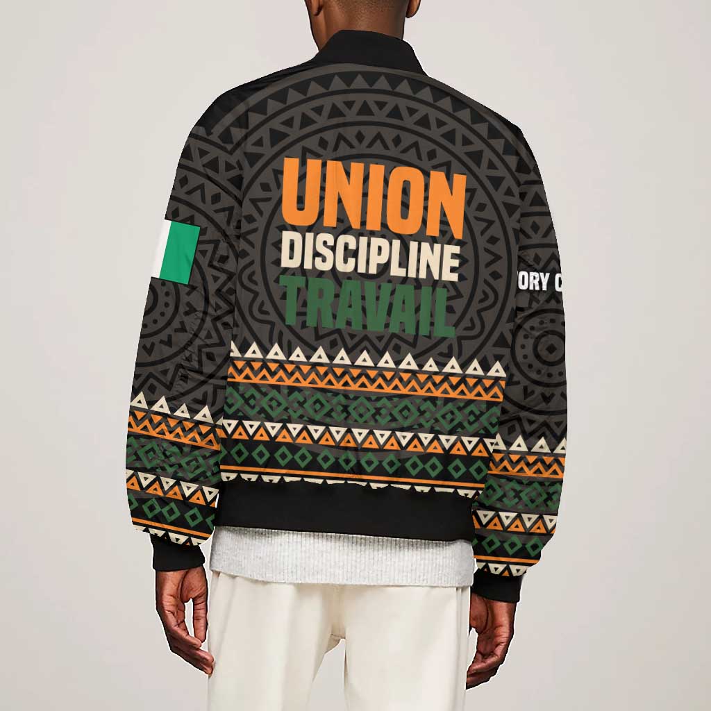 Ivory Coast African Pattern Bomber Jacket Ethnic Geometric and National Motto - African Pride