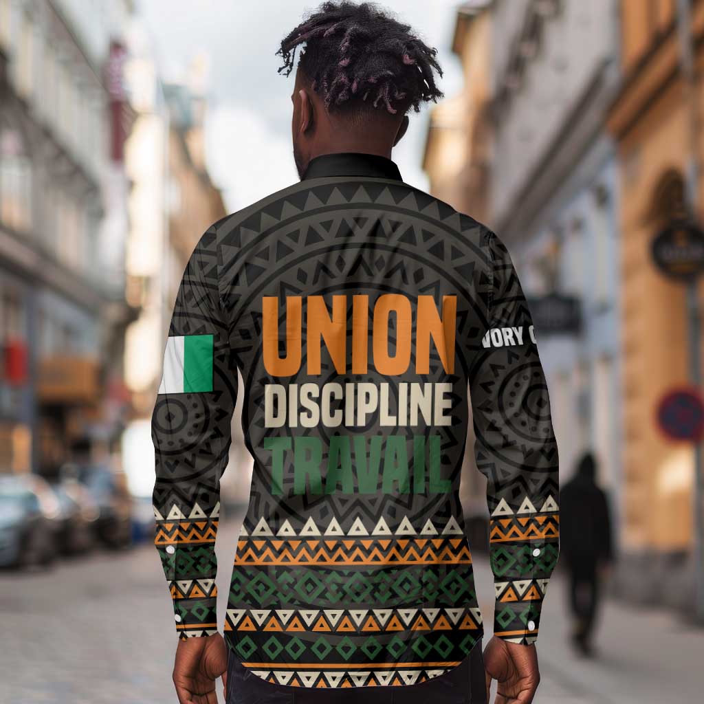 Ivory Coast African Pattern Long Sleeve Button Shirt Ethnic Geometric and National Motto - African Pride