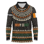 Ivory Coast African Pattern Long Sleeve Polo Shirt Ethnic Geometric and National Motto - African Pride