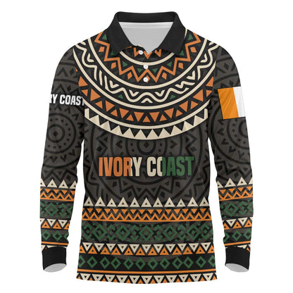 Ivory Coast African Pattern Long Sleeve Polo Shirt Ethnic Geometric and National Motto - African Pride