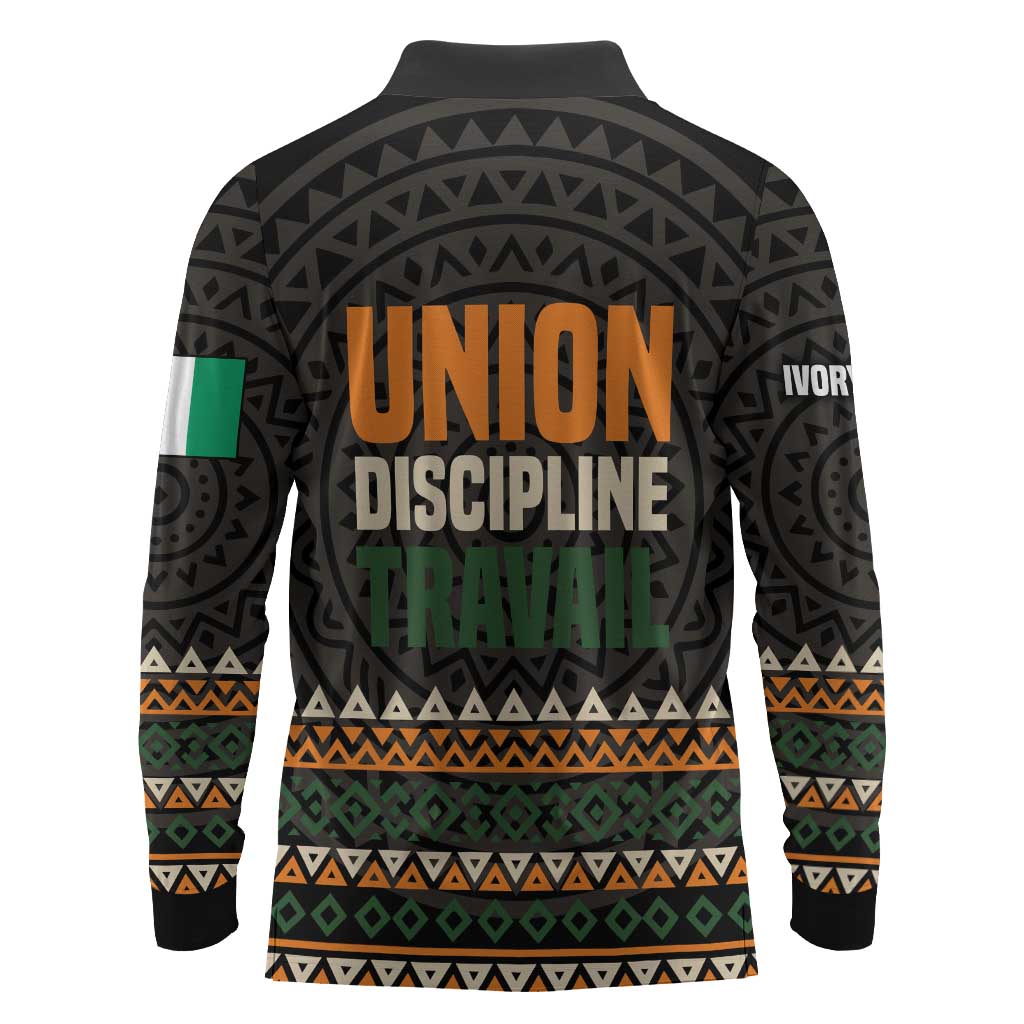 Ivory Coast African Pattern Long Sleeve Polo Shirt Ethnic Geometric and National Motto - African Pride