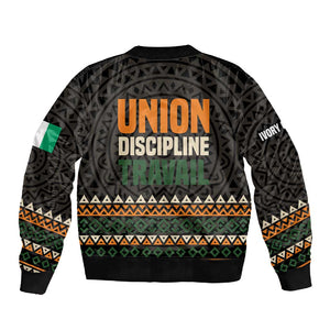 Ivory Coast African Pattern Sleeve Zip Bomber Jacket Ethnic Geometric and National Motto - African Pride