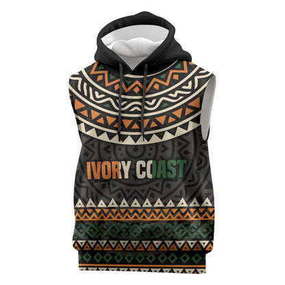 Ivory Coast African Pattern Sleeveless Hoodie Ethnic Geometric and National Motto - African Pride