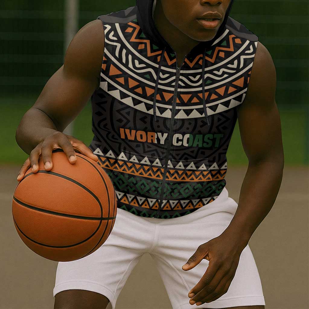 Ivory Coast African Pattern Sleeveless Zip Hoodie Ethnic Geometric and National Motto - African Pride