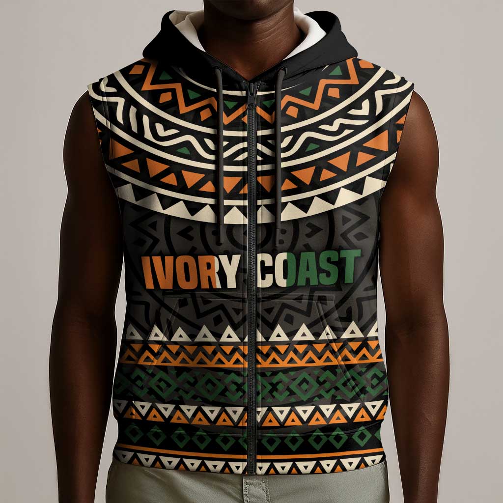 Ivory Coast African Pattern Sleeveless Zip Hoodie Ethnic Geometric and National Motto - African Pride