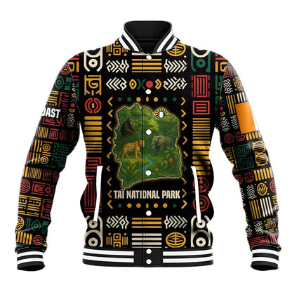 Ivory Coast Baseball Jacket Tai National Park Wildlife Map - African Pride