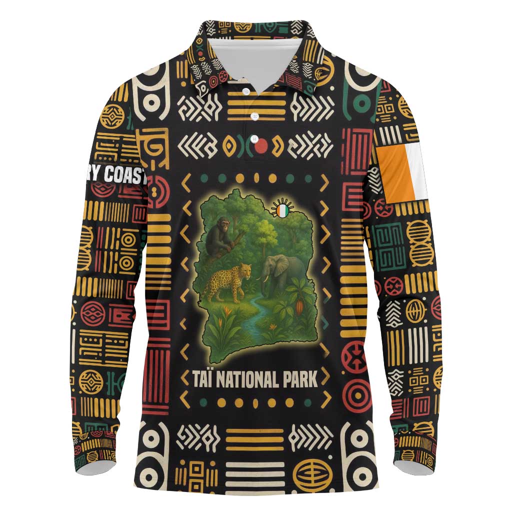 Ivory Coast Long Sleeve Polo Shirt Tai National Park Wildlife Map - African Pride