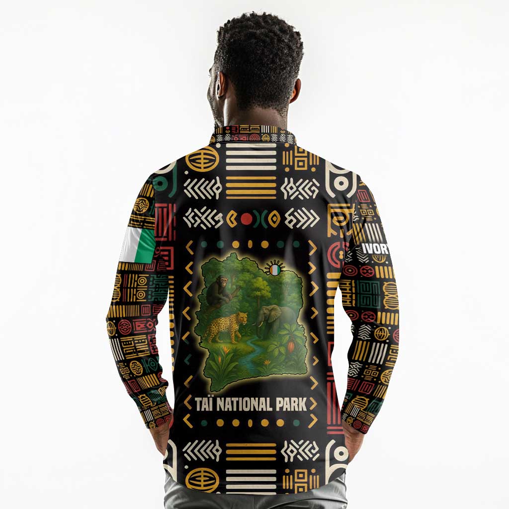 Ivory Coast Long Sleeve Polo Shirt Tai National Park Wildlife Map - African Pride