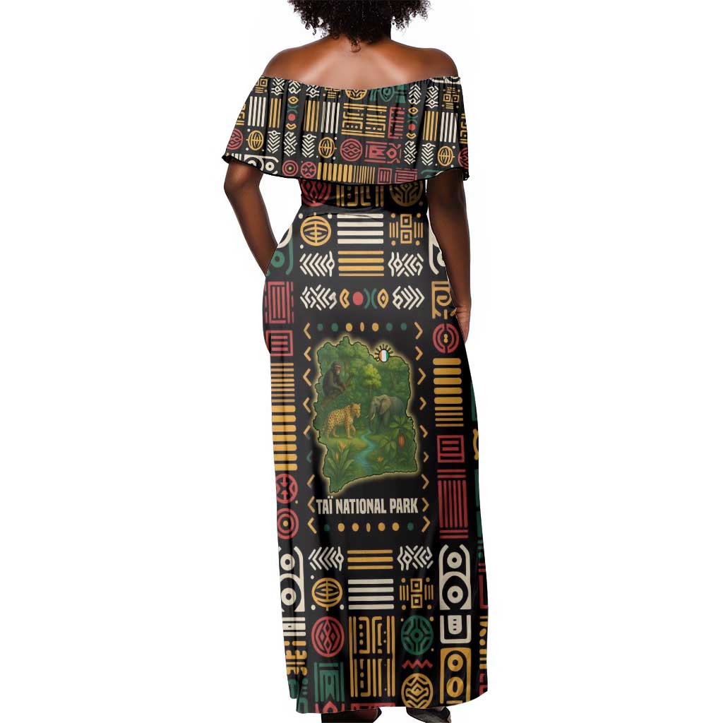 Ivory Coast Off Shoulder Maxi Dress Tai National Park Wildlife Map - African Pride