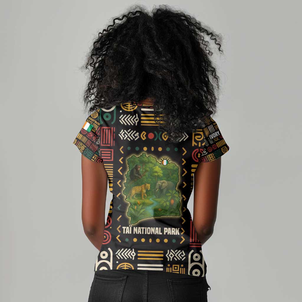 Ivory Coast Women V-Neck T-Shirt Tai National Park Wildlife Map - African Pride