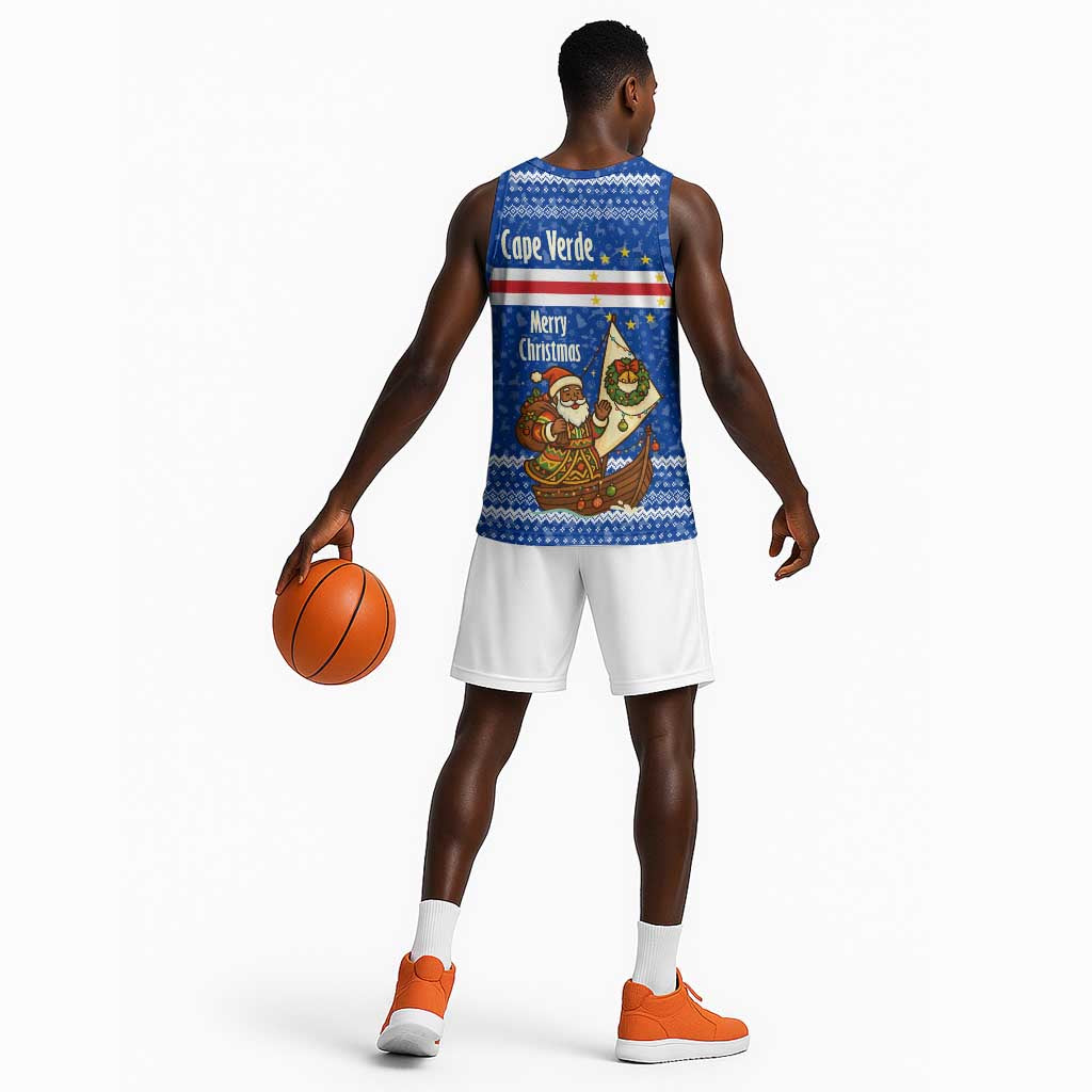 Cape Verde Christmas Basketball Jersey Blue Festive Pattern Sailing Santa and National Emblem Motif TS04