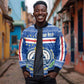 Cape Verde Christmas Bomber Jacket Blue Festive Pattern Sailing Santa and National Emblem Motif - African Pride
