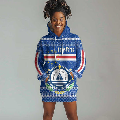 Cape Verde Christmas Hoodie Dress Blue Festive Pattern Sailing Santa and National Emblem Motif - African Pride