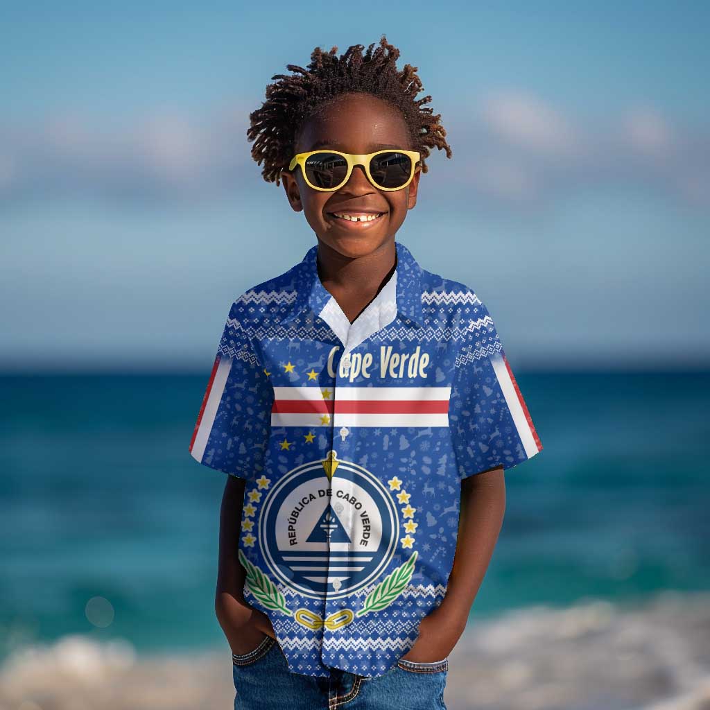 Cape Verde Christmas Kid Hawaiian Shirt Blue Festive Pattern Sailing Santa and National Emblem Motif - African Pride