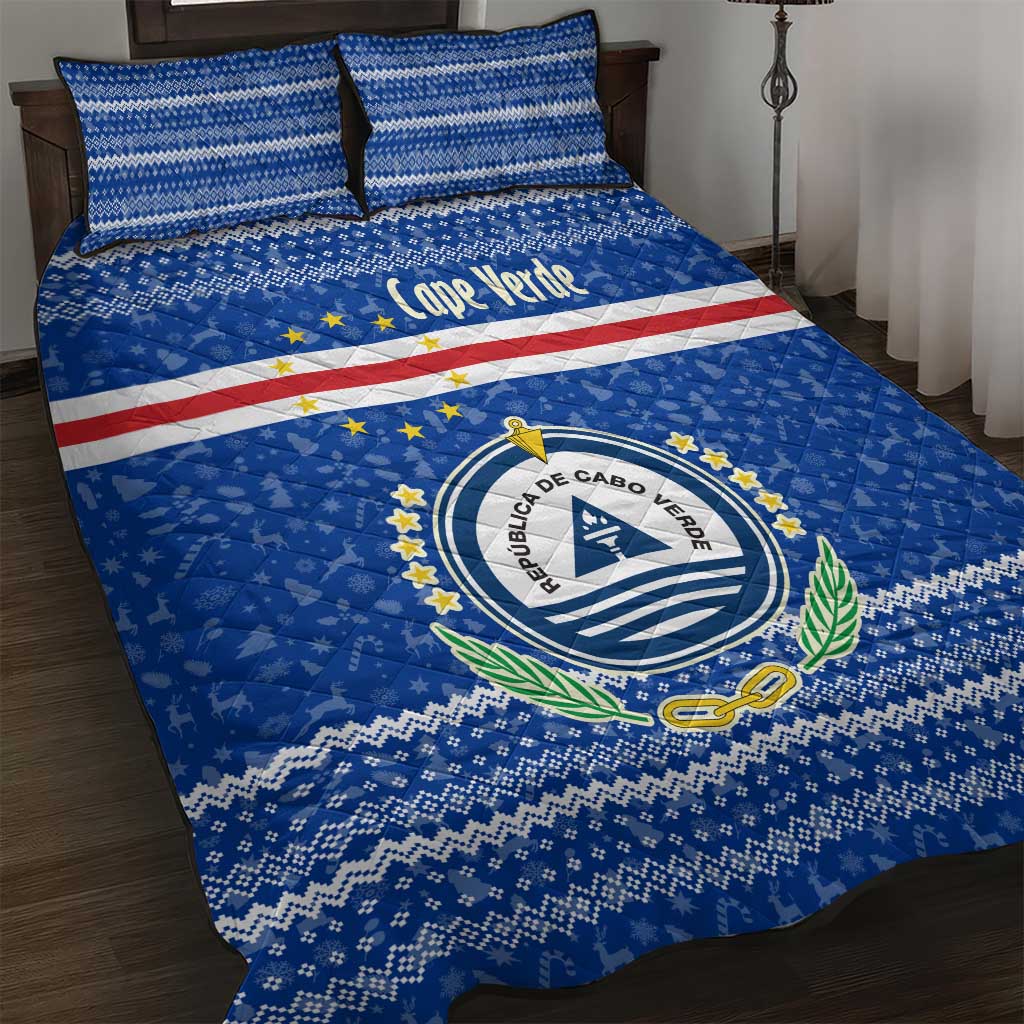 Cape Verde Christmas Quilt Bed Set Blue Festive Pattern Sailing Santa and National Emblem Motif - African Pride