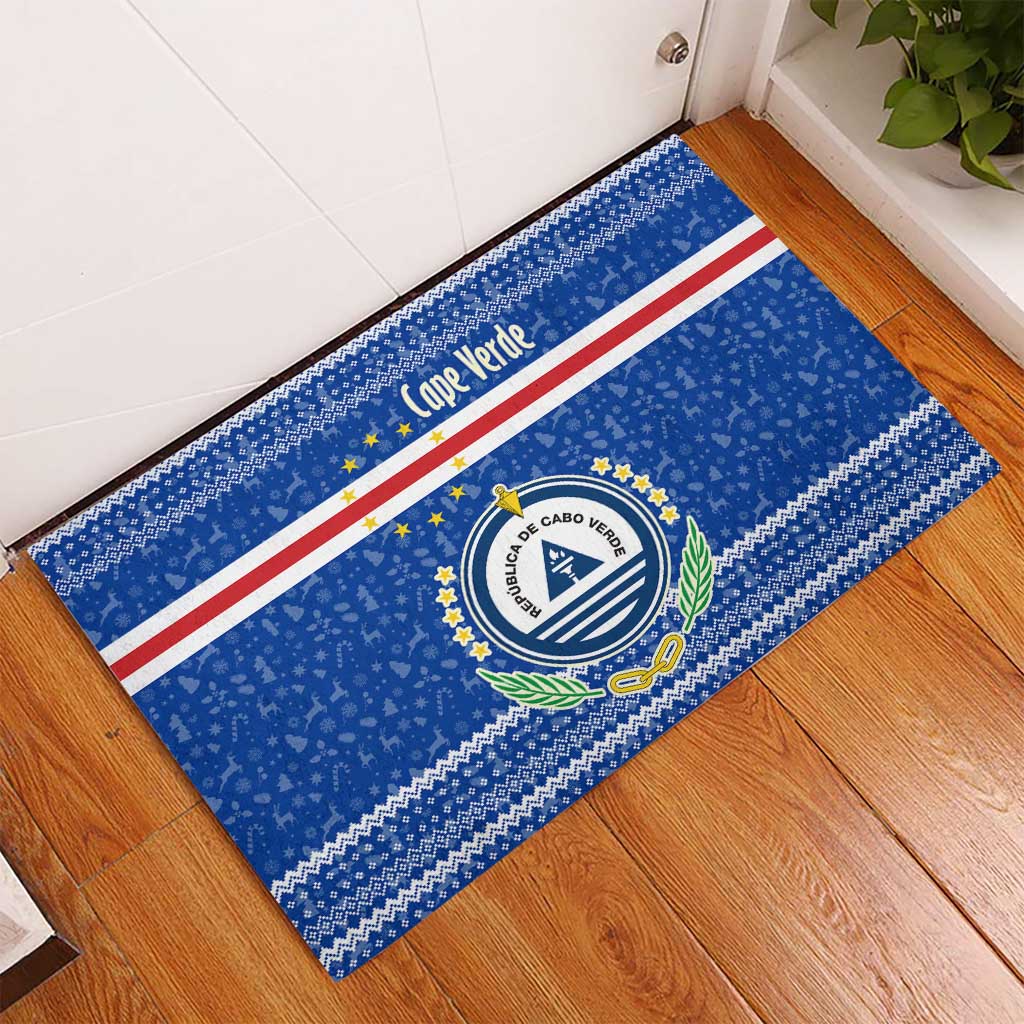 Cape Verde Christmas Rubber Doormat Blue Festive Pattern Sailing Santa and National Emblem Motif - African Pride