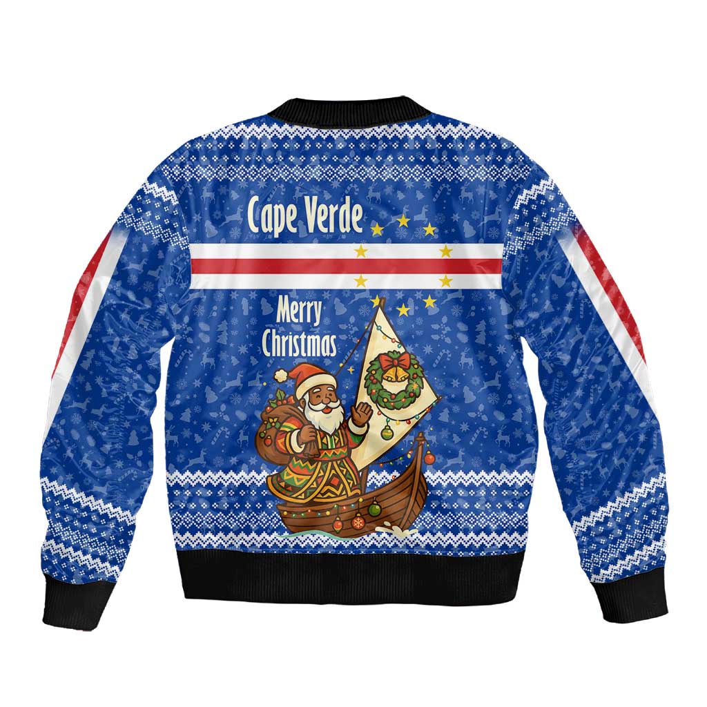 Cape Verde Christmas Sleeve Zip Bomber Jacket Blue Festive Pattern Sailing Santa and National Emblem Motif - African Pride