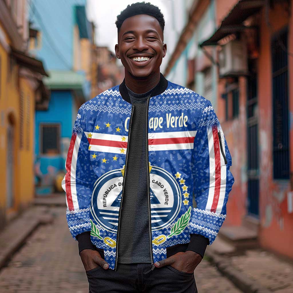 Cape Verde Christmas Sleeve Zip Bomber Jacket Blue Festive Pattern Sailing Santa and National Emblem Motif - African Pride