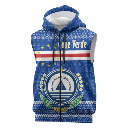 Cape Verde Christmas Sleeveless Zip Hoodie Blue Festive Pattern Sailing Santa and National Emblem Motif - African Pride