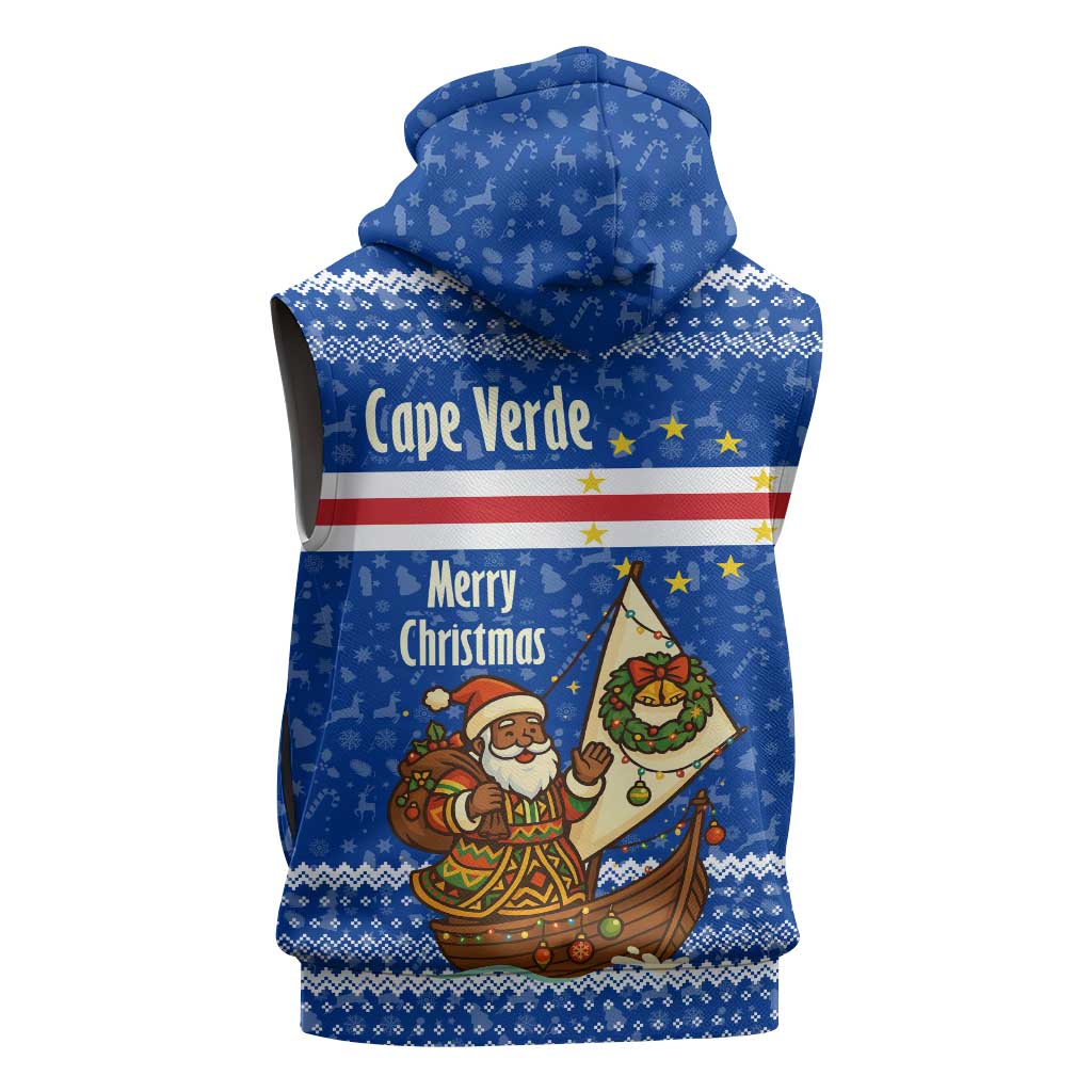 Cape Verde Christmas Sleeveless Zip Hoodie Blue Festive Pattern Sailing Santa and National Emblem Motif - African Pride