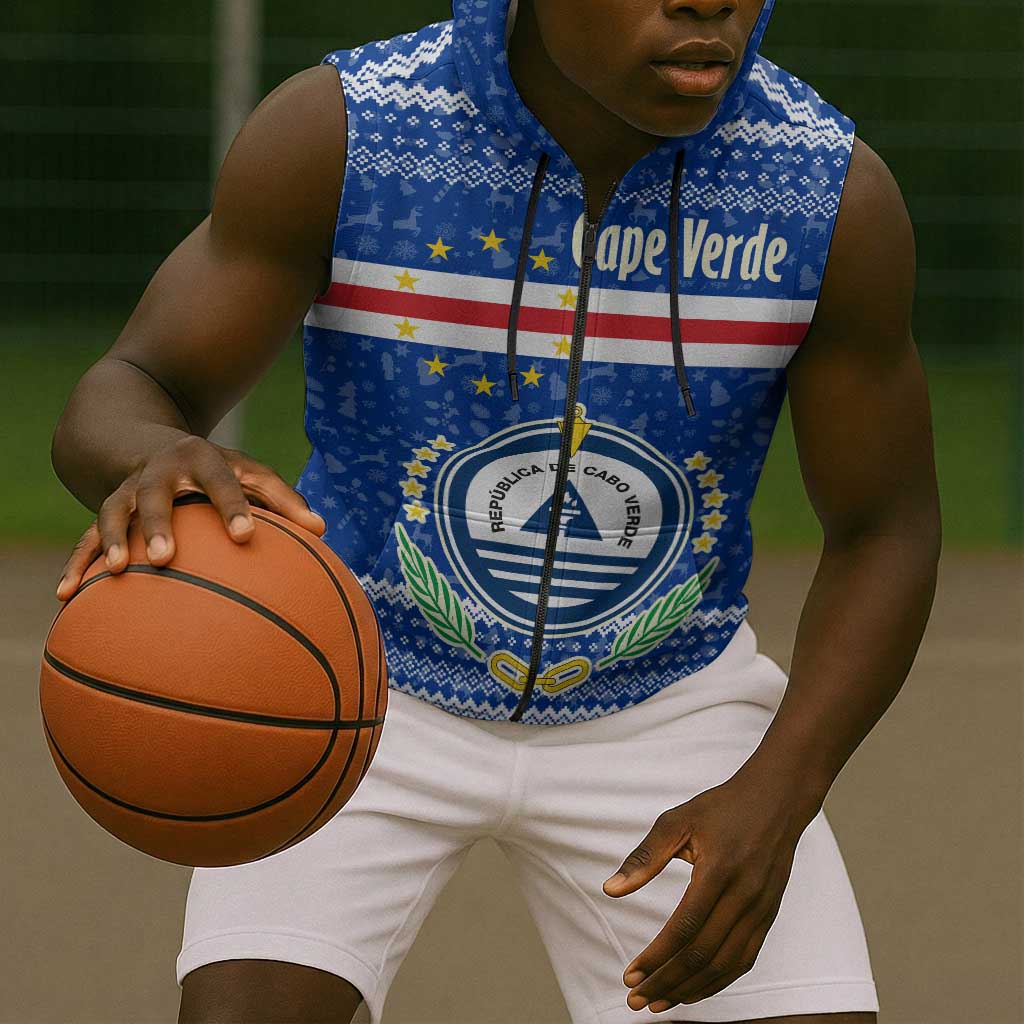Cape Verde Christmas Sleeveless Zip Hoodie Blue Festive Pattern Sailing Santa and National Emblem Motif - African Pride