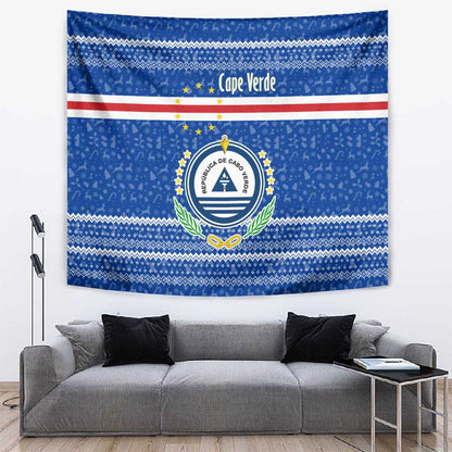 Cape Verde Christmas Tapestry Blue Festive Pattern Sailing Santa and National Emblem Motif - African Pride